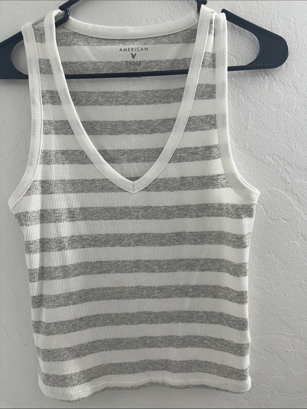 American Eagle Outfitters White and Gray Striped V-Neck Tank Top